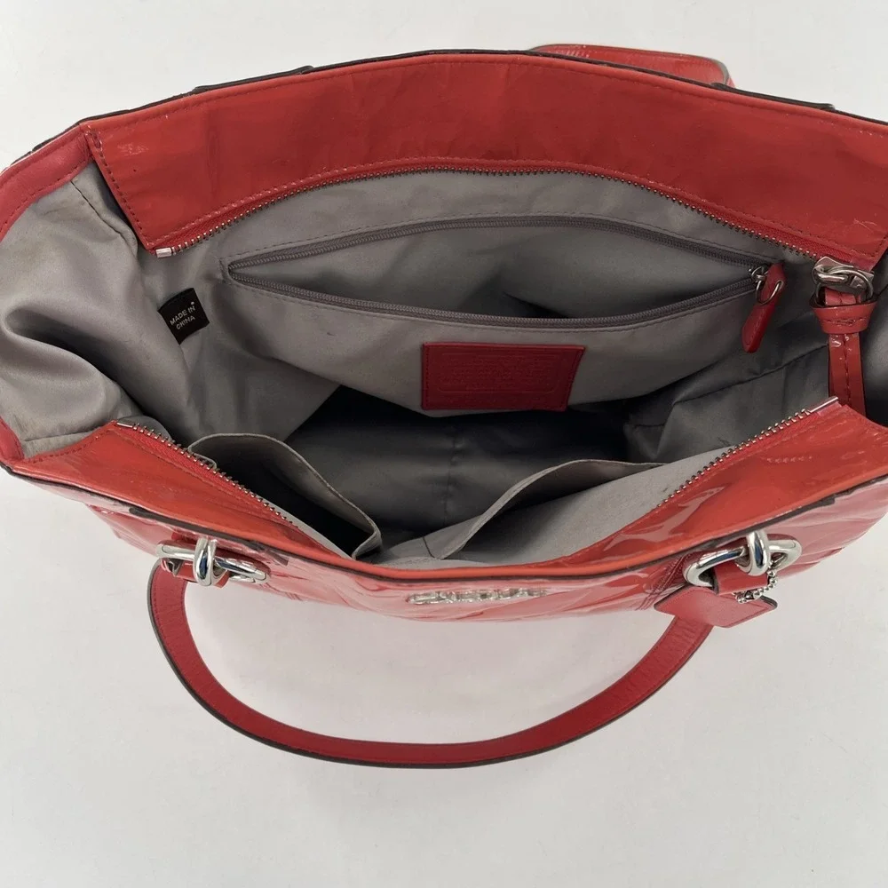 Coach Signature Embossed Patent Leather Coral Orange Satchel Tote Coral Orange